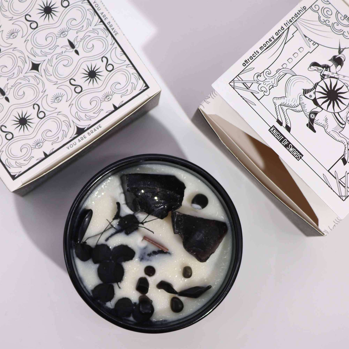 Hop Hare Crystal Magic Flower Candle The Knight of Swords with black obsidian and dried flowers