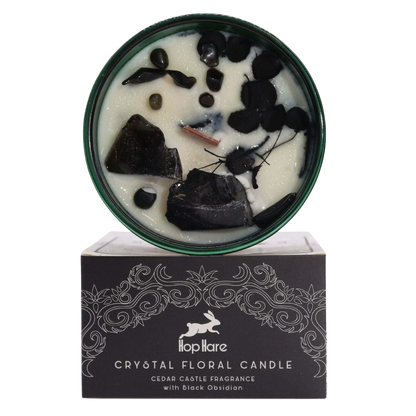 Hop Hare Crystal Magic Flower Candle - The Knight of Swords with Black Obsidian and tarot card