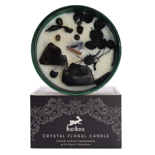 Hop Hare Crystal Magic Flower Candle - The Knight of Swords with Black Obsidian and tarot card