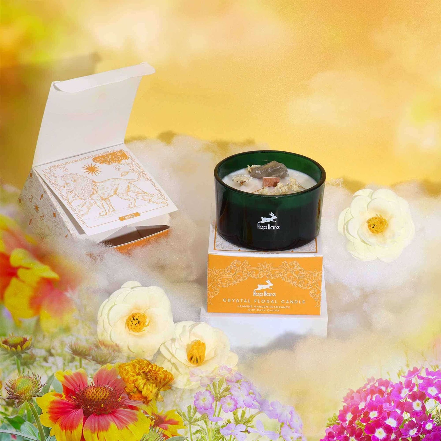 Hop Hare Crystal Magic Flower Candle The Lion with rock quartz and jasmine fragrance