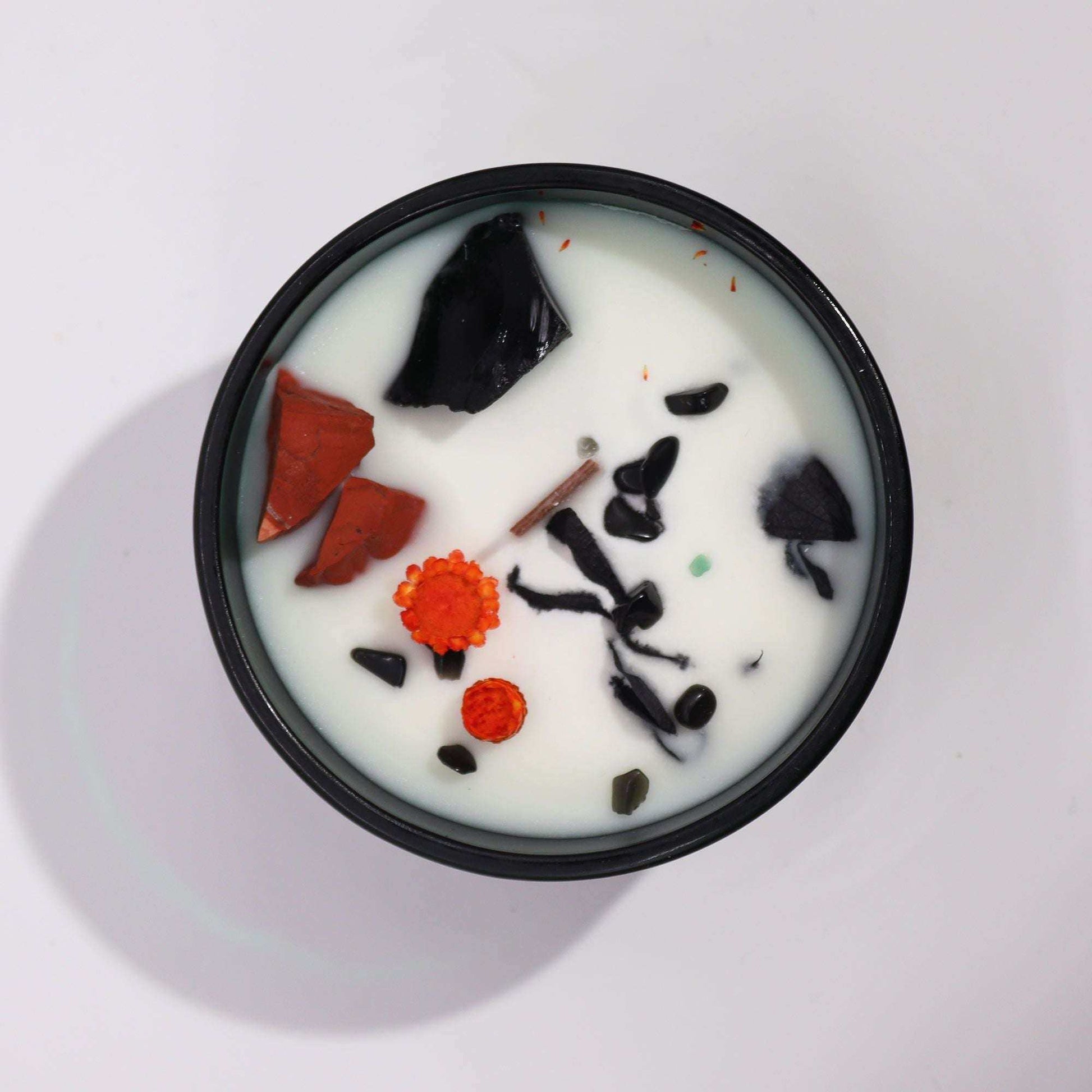 Hop Hare Crystal Magic Flower Candle The Devil with red jasper black agate and tarot card