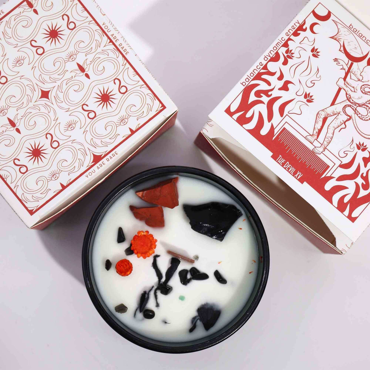 Hop Hare Crystal Magic Flower Candle The Devil with red jasper and black agate stones
