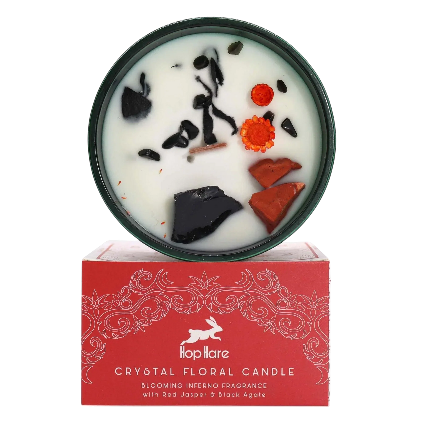 Hop Hare Crystal Magic Flower Candle - The Devil with red jasper and dried flowers