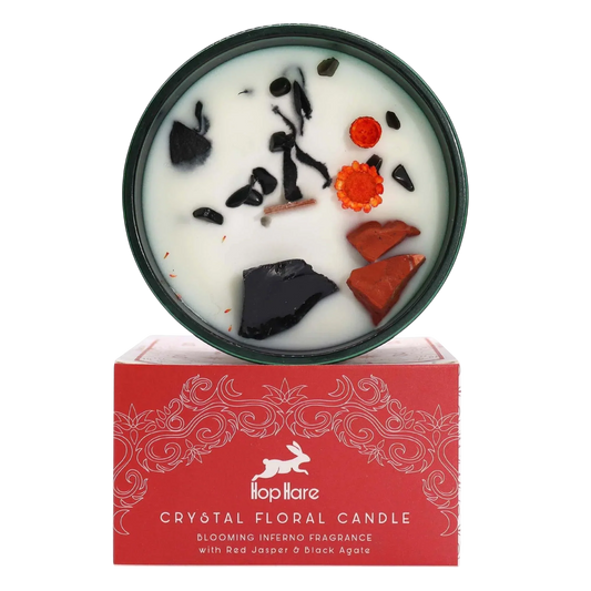 Hop Hare Crystal Magic Flower Candle - The Devil with red jasper and dried flowers