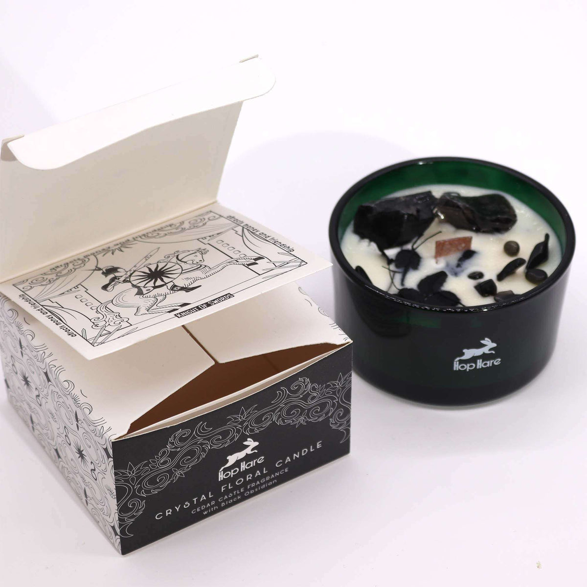 Hop Hare Crystal Magic Flower Candle with Black Obsidian and tarot card