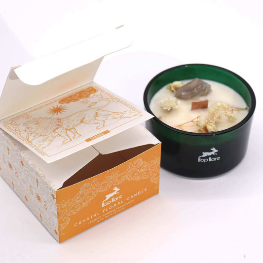 Hop Hare Crystal Magic Flower Candle The Lion with rock quartz and jasmine fragrance