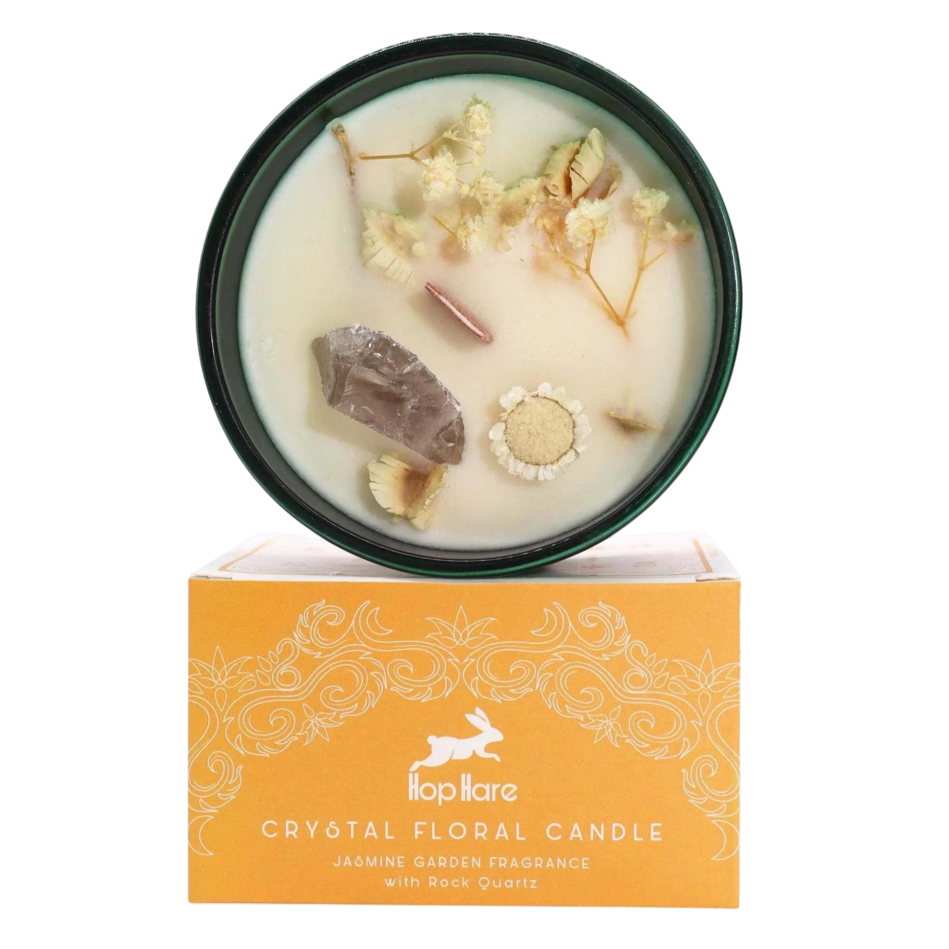 Hop Hare Crystal Magic Flower Candle - The Lion with rock quartz and jasmine fragrance