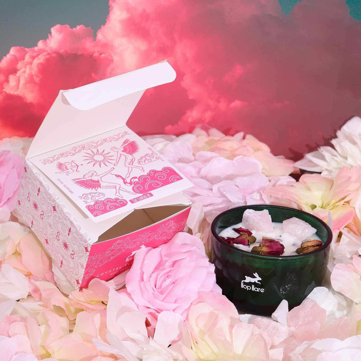 Hop Hare Crystal Magic Flower Candle The Lovers with rose quartz and floral design