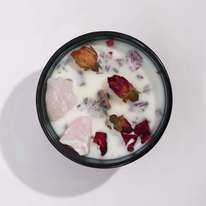 Hop Hare Crystal Magic Flower Candle The Lovers with rose quartz and blossoms