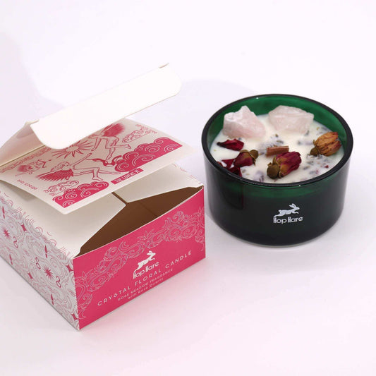 Hop Hare Crystal Magic Flower Candle The Lovers with rose quartz and rose blossoms