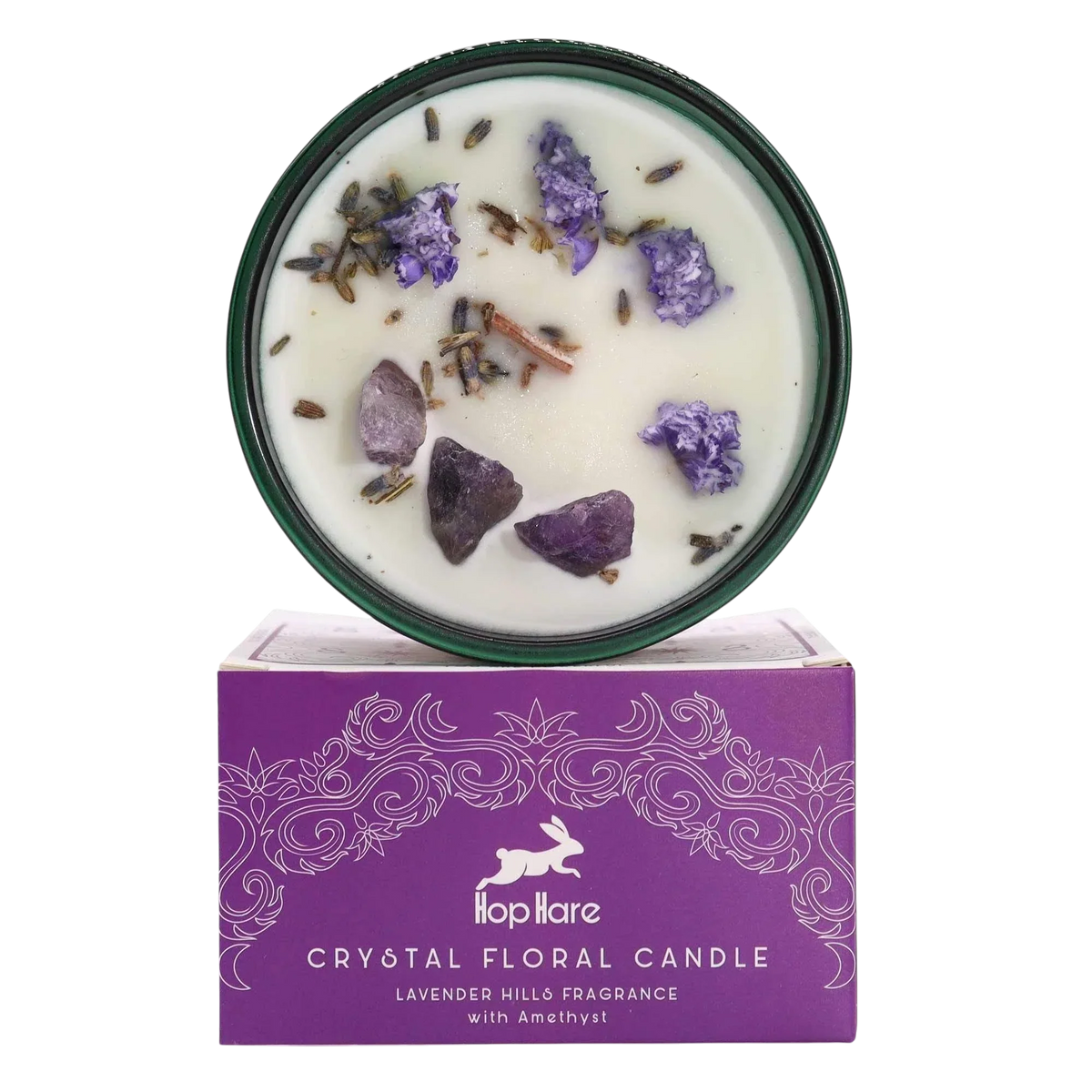 Hop Hare Crystal Magic Flower Candle - The Moon with amethyst and lavender