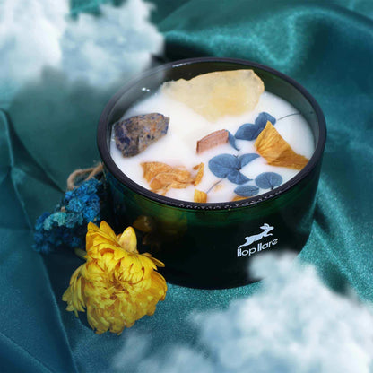 Hop Hare Crystal Magic Flower Candle The Sun with gemstones and dried flowers