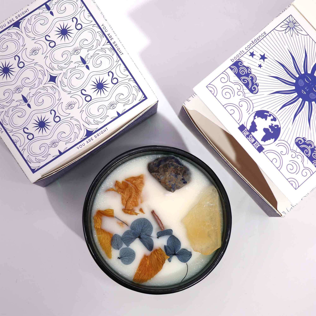 Hop Hare Crystal Magic Flower Candle The Sun with citrine, sodalite, and dried flowers