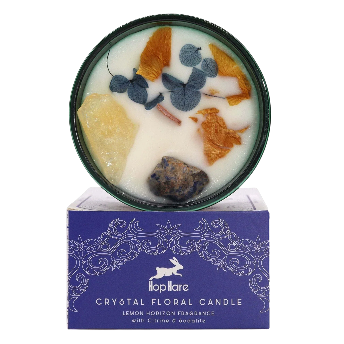 Hop Hare Crystal Magic Flower Candle - The Sun with gemstones and dried flowers
