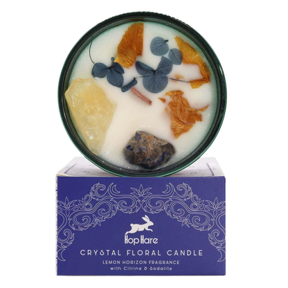Hop Hare Crystal Magic Flower Candle - The Sun with gemstones and dried flowers