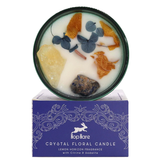 Hop Hare Crystal Magic Flower Candle - The Sun with gemstones and dried flowers