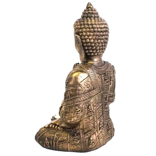Large Buddha Tealight Holder with antique bronze finish and intricate engraved patterns on seated Buddha figure holding a tealight