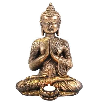 Large Buddha Tealight Holder in antique bronze finish with intricate detailing, seated meditative pose holding a lit tealight