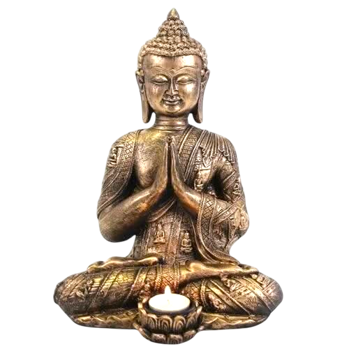 Large Buddha Tealight Holder in antique bronze finish with intricate detailing, seated meditative pose holding a lit tealight