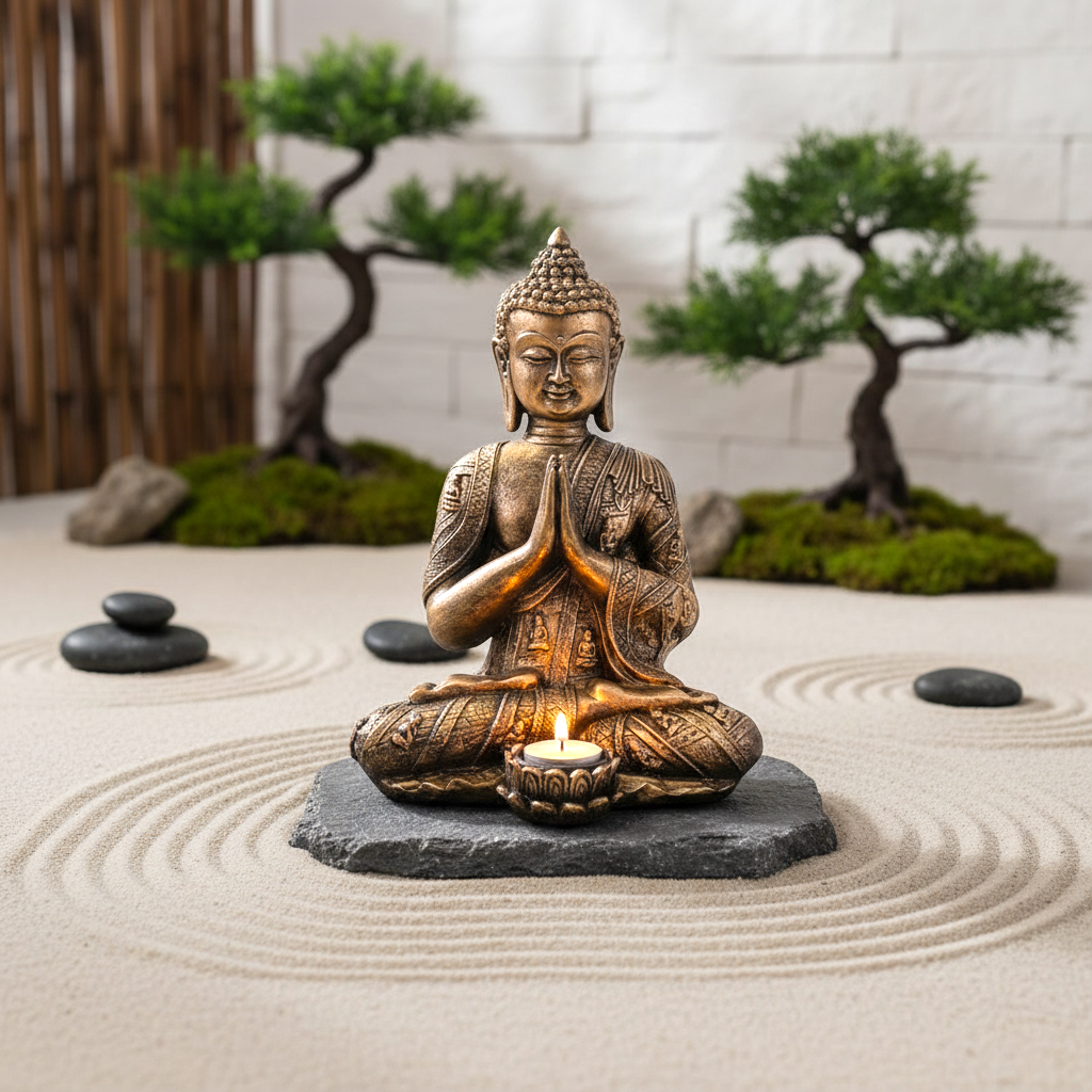 Large Buddha Tealight Holder in bronze finish with detailed meditative figure holding a lit tealight on a stone base