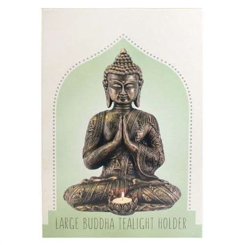 Large Buddha Tealight Holder in dark bronze with intricate detailing and seated in a meditative pose holding a small tealight candle