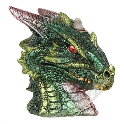 Large green dragon head backflow incense burner with smoke effect.
