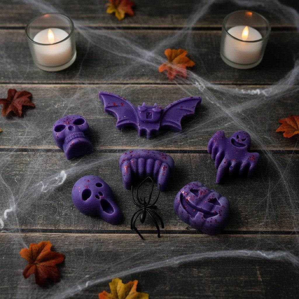 Large cinnamon orange Halloween themed wax melts with skulls and pumpkins