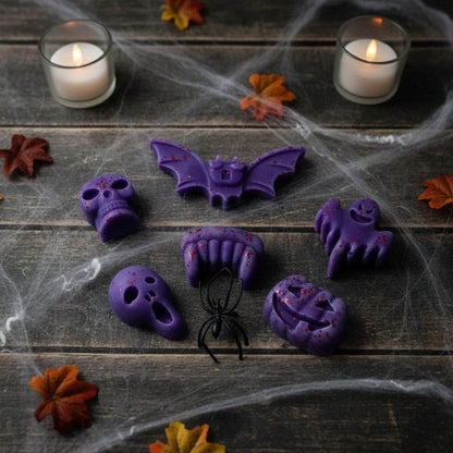 Large cinnamon orange Halloween themed wax melts with skulls and pumpkins