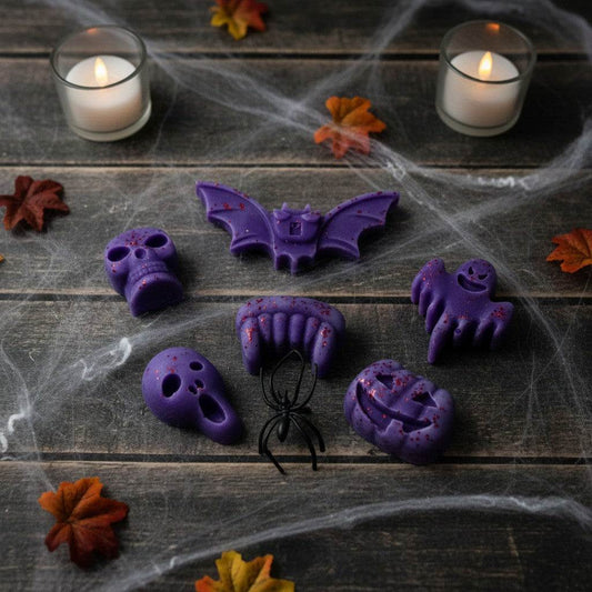 Large cinnamon orange Halloween themed wax melts with skulls and pumpkins