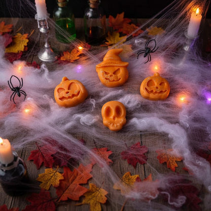 Absolute Whifs pumpkin and skull shaped wax melts on a wooden table with autumn leaves, spider webs, and candles.