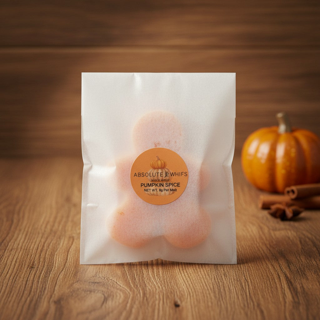Absolute Whifs pumpkin spice wax melt in a translucent bag with a round label, set on a wooden table with a pumpkin.