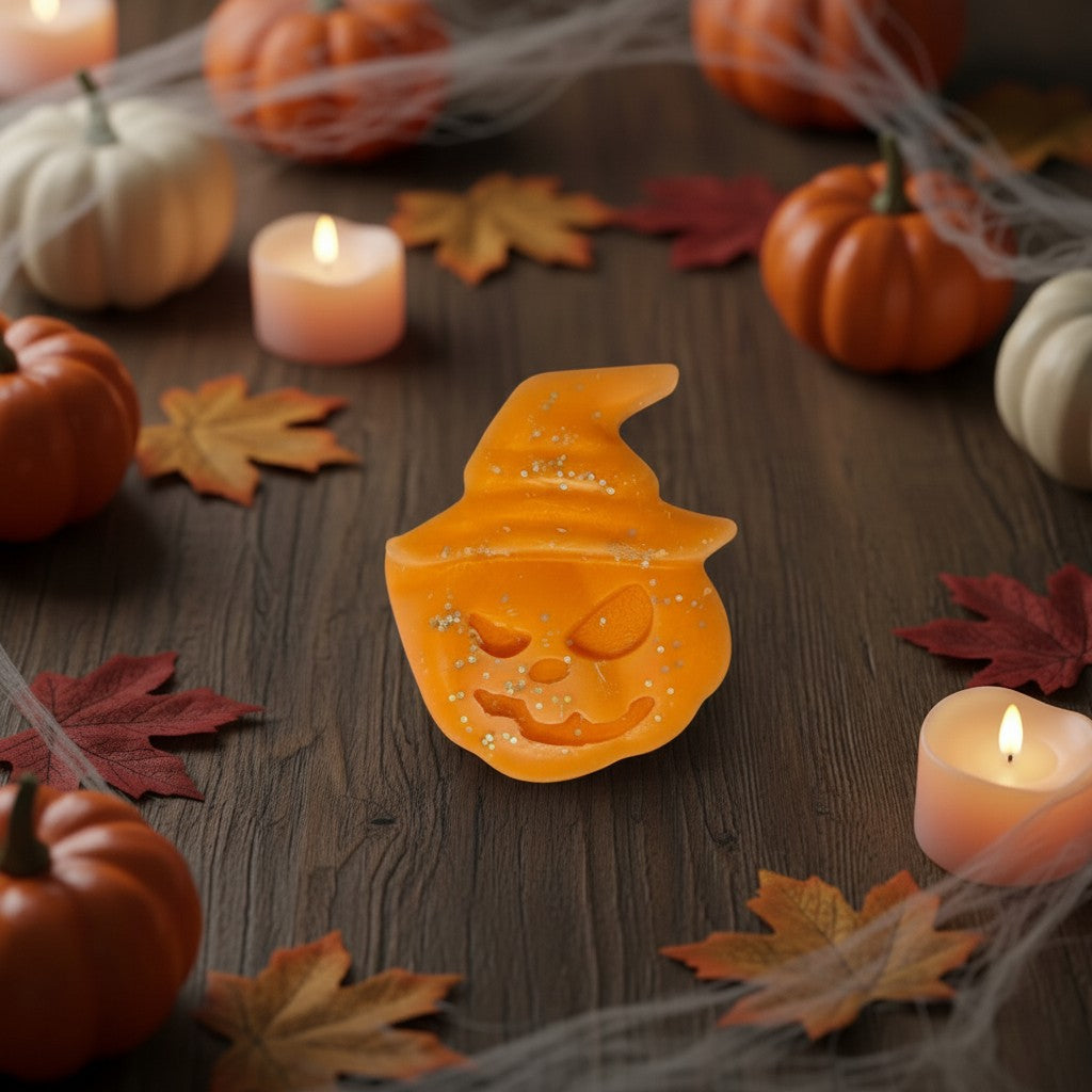 Absolute Whifs orange pumpkin spiced wax melts with glitter on a wooden table with autumn leaves and candles.