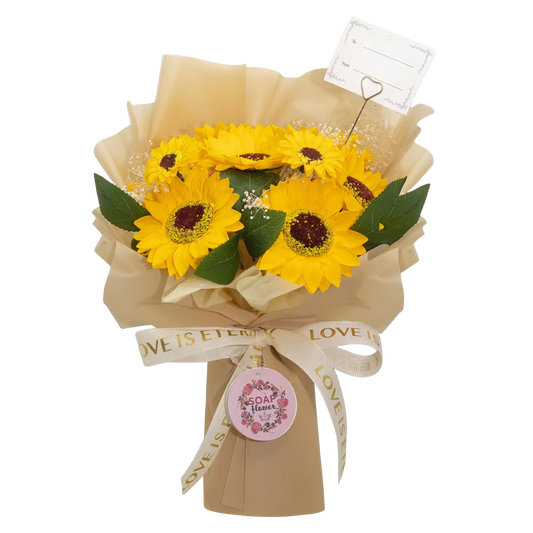 Large Sunflowers Bouquet of bright yellow soap petal sunflowers with green leaves wrapped in golden paper with love is eternal ribbon and gift card