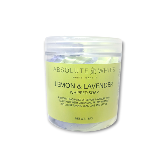 Lemon Lavender Whipped Soap in a clear plastic jar with light green label, creamy textured soap visible inside