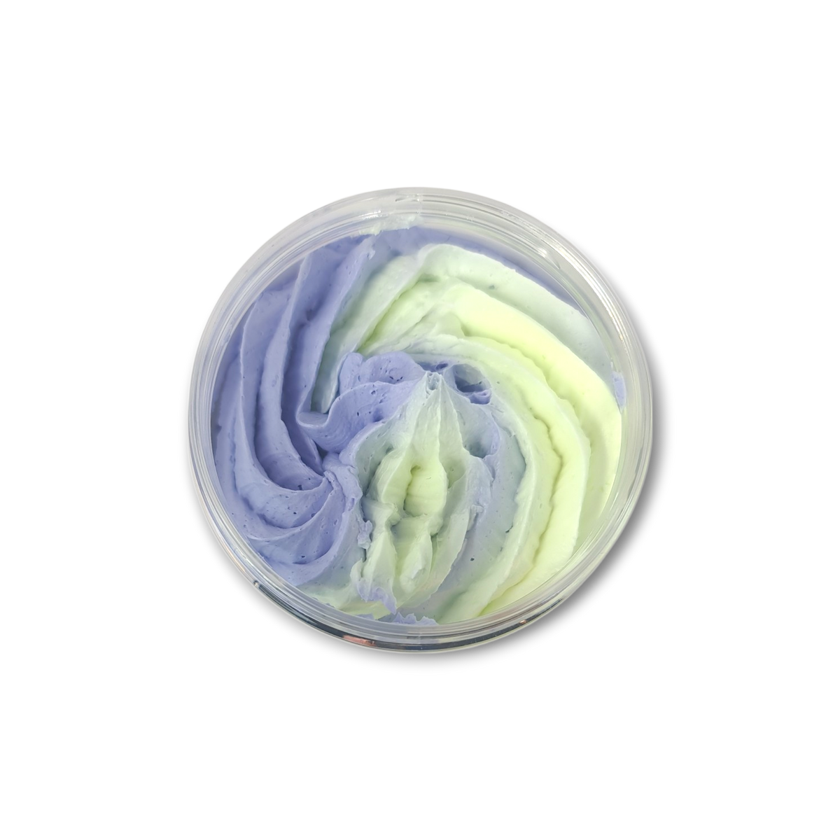 Lemon Lavender Whipped Soap in a transparent jar featuring swirled light purple and pale yellow creamy texture