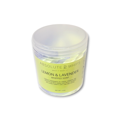 Lemon Lavender Whipped Soap in a translucent plastic jar with a pale yellow label and creamy whipped texture