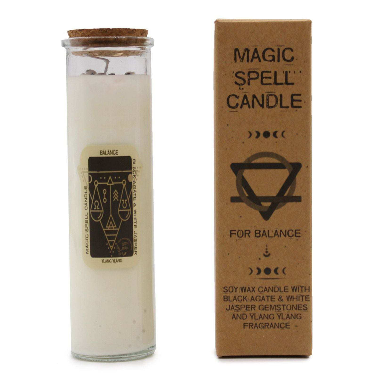Magic Spell Candle Balance with black agate and white jasper gemstones