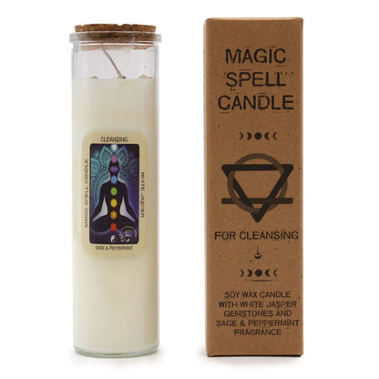 Magic Spell Candle Cleansing with white jasper gemstones sage and peppermint