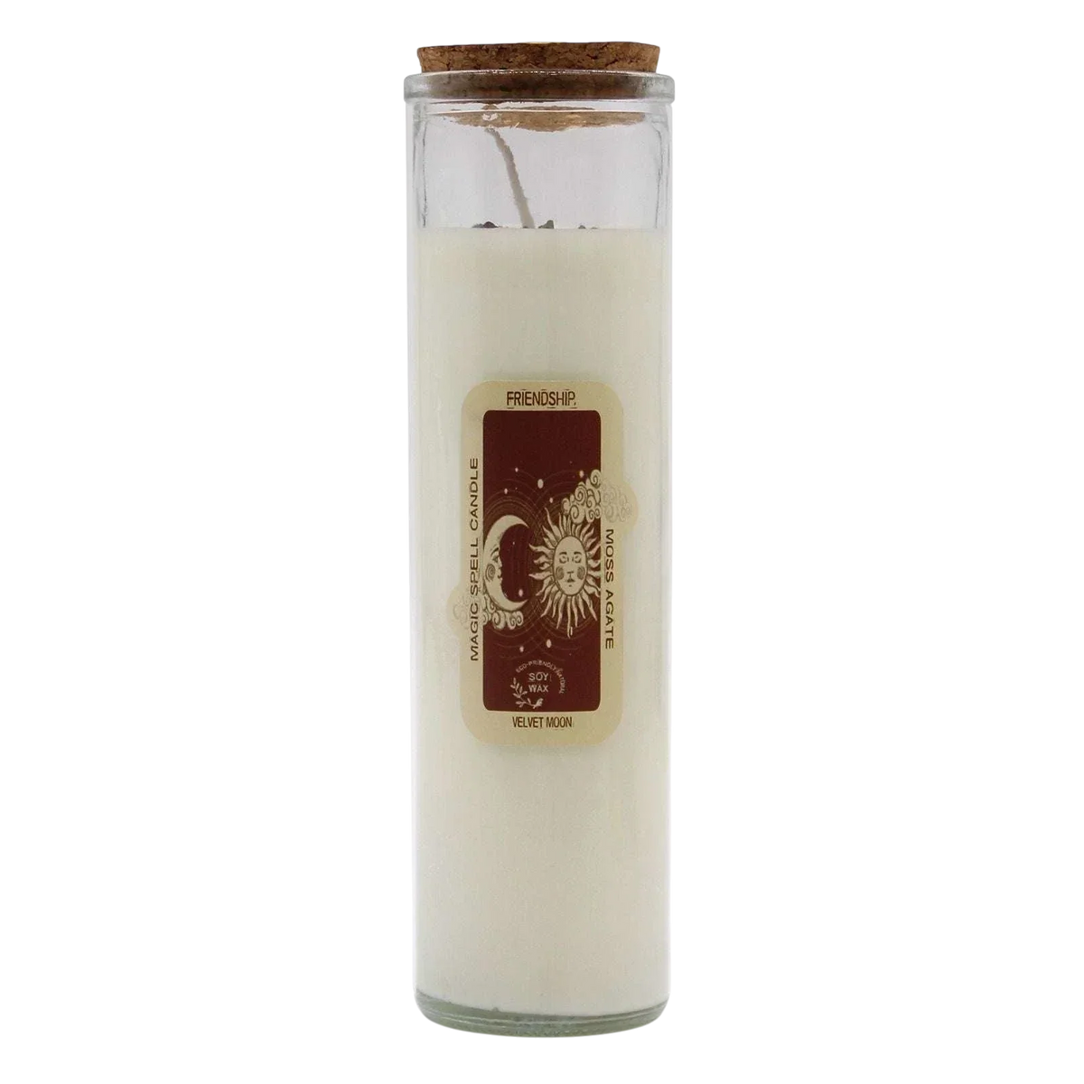 Magic Spell Candle Friendship with moss agate gemstones and velvet moon fragrance