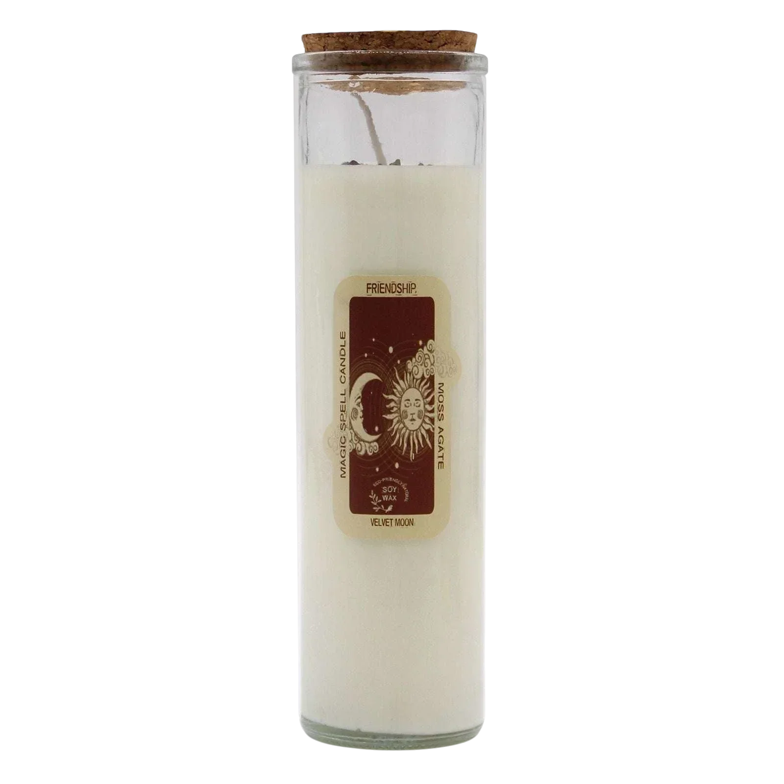 Magic Spell Candle Friendship with moss agate gemstones and velvet moon fragrance