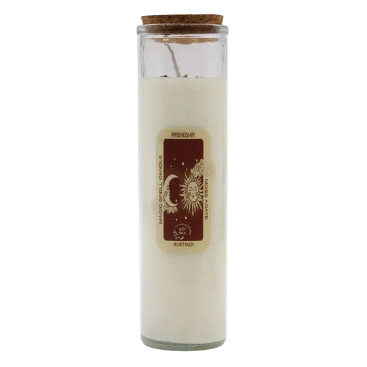 Magic Spell Candle Friendship with moss agate gemstones and velvet moon fragrance