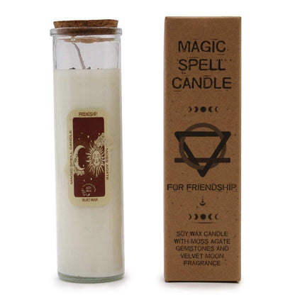 Magic Spell Candle Friendship with soy wax and moss agate gemstones