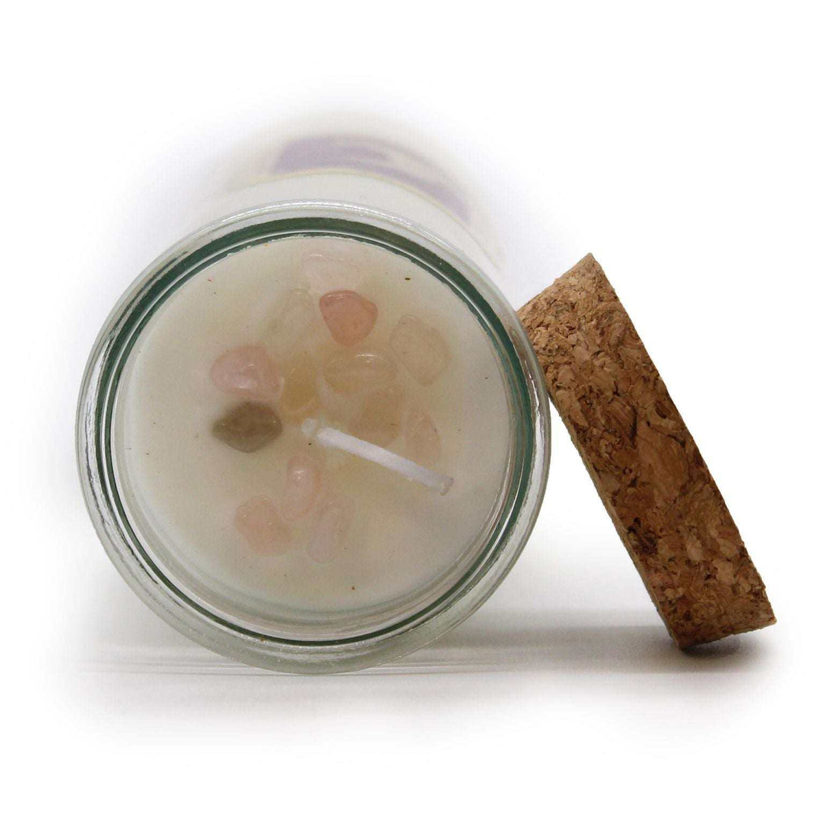 Soy wax magic spell love candle with rose quartz and jasmine scent