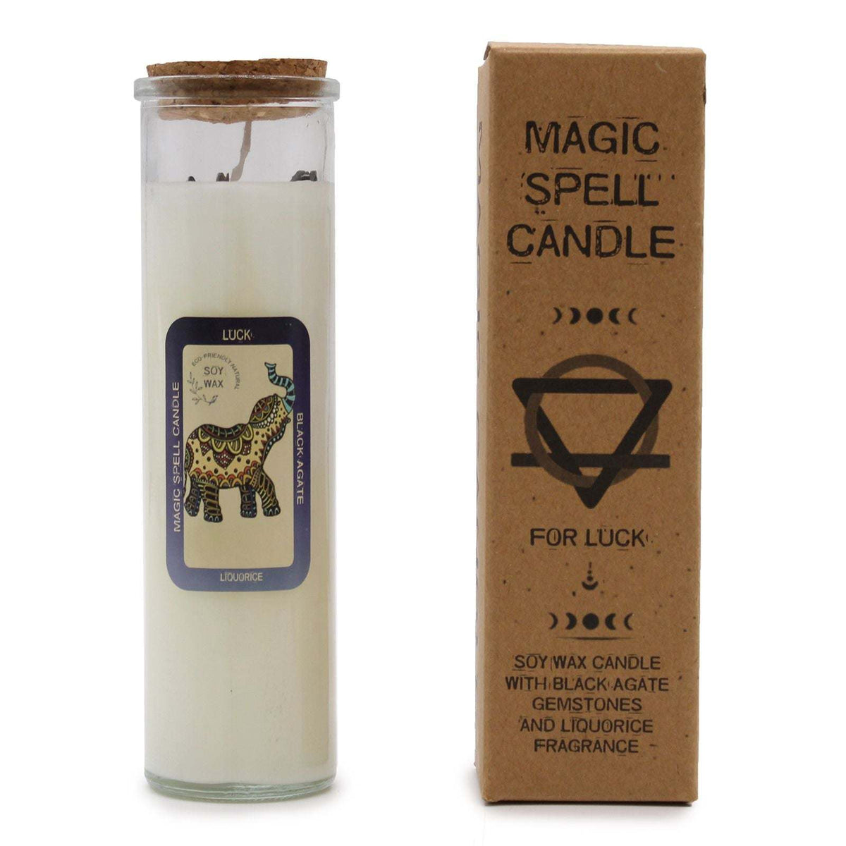 Magic Spell Candle with black agate gemstones and liquorice scent for luck