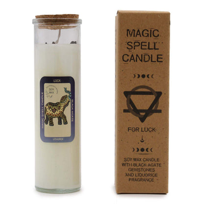 Magic Spell Candle with black agate gemstones and liquorice scent for luck