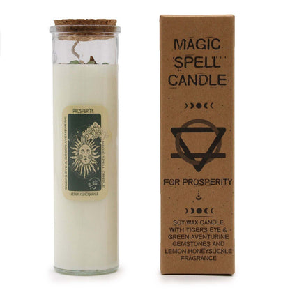 Prosperity magic spell soy wax candle with tiger eye and green aventurine