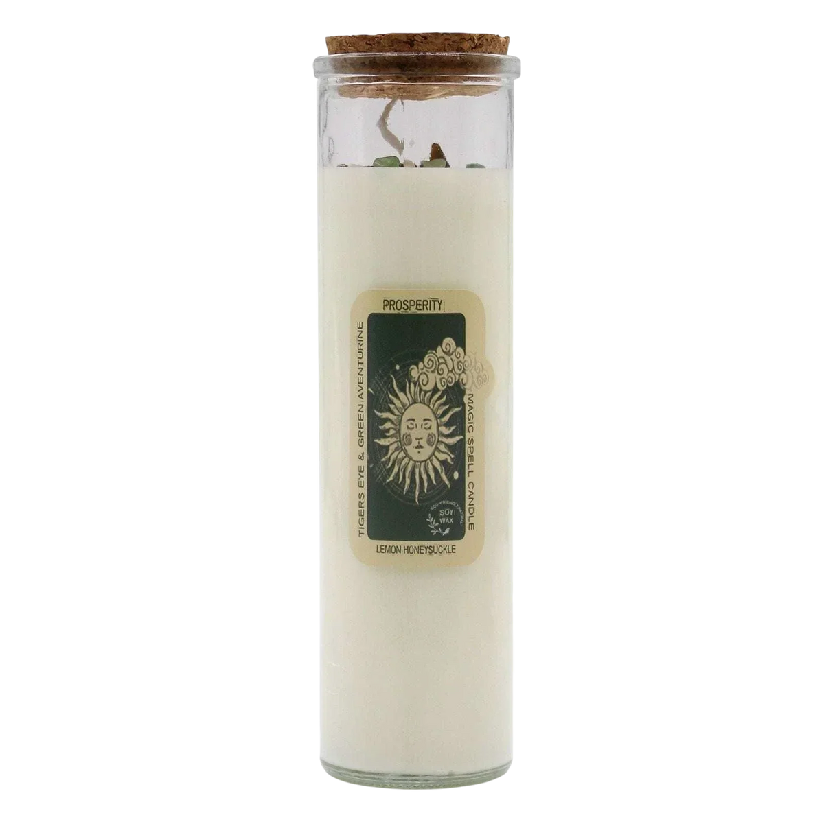 Magic Spell Candle - Prosperity with tiger eye green aventurine and lemon honeysuckle