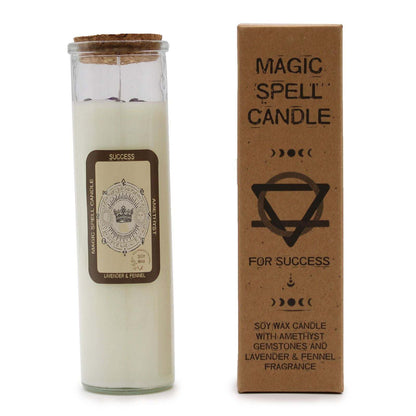 Magic Spell Candle for Success with amethyst gemstones and lavender fennel scent