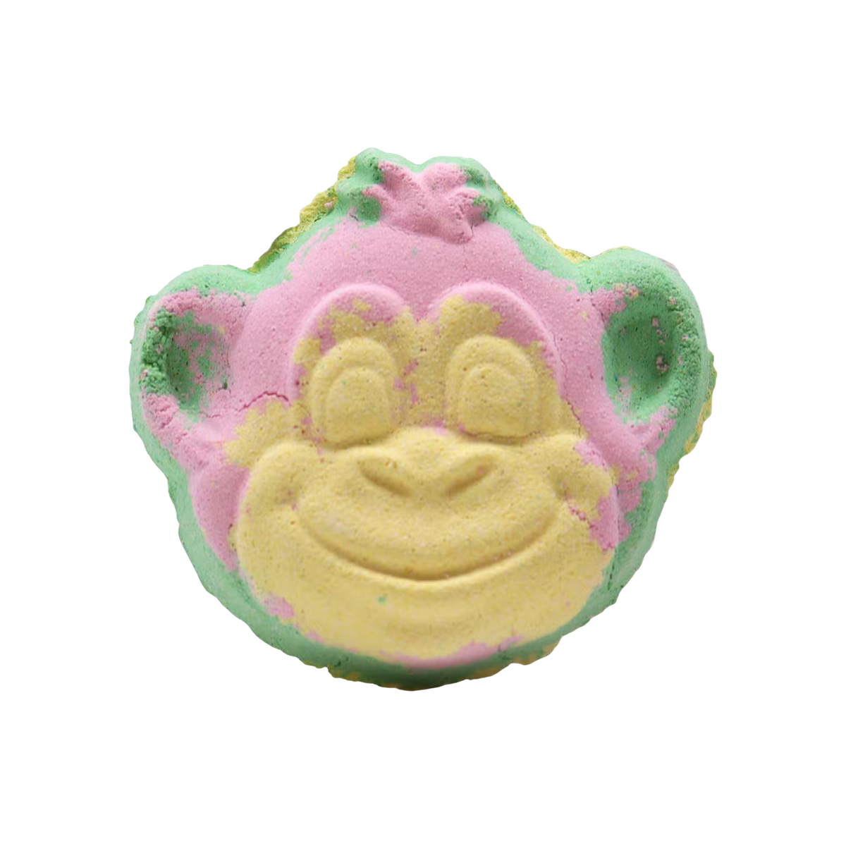 Monkey Bath bomb shaped like a smiling monkey face in pastel pink, yellow, and green colors with a textured surface