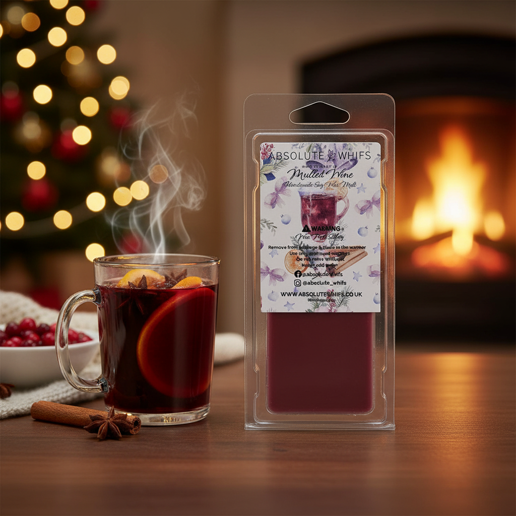 Mulled Wine Wax Melt Snap Bar in dark red wax with festive packaging beside a steaming glass of mulled wine with orange slice and spices